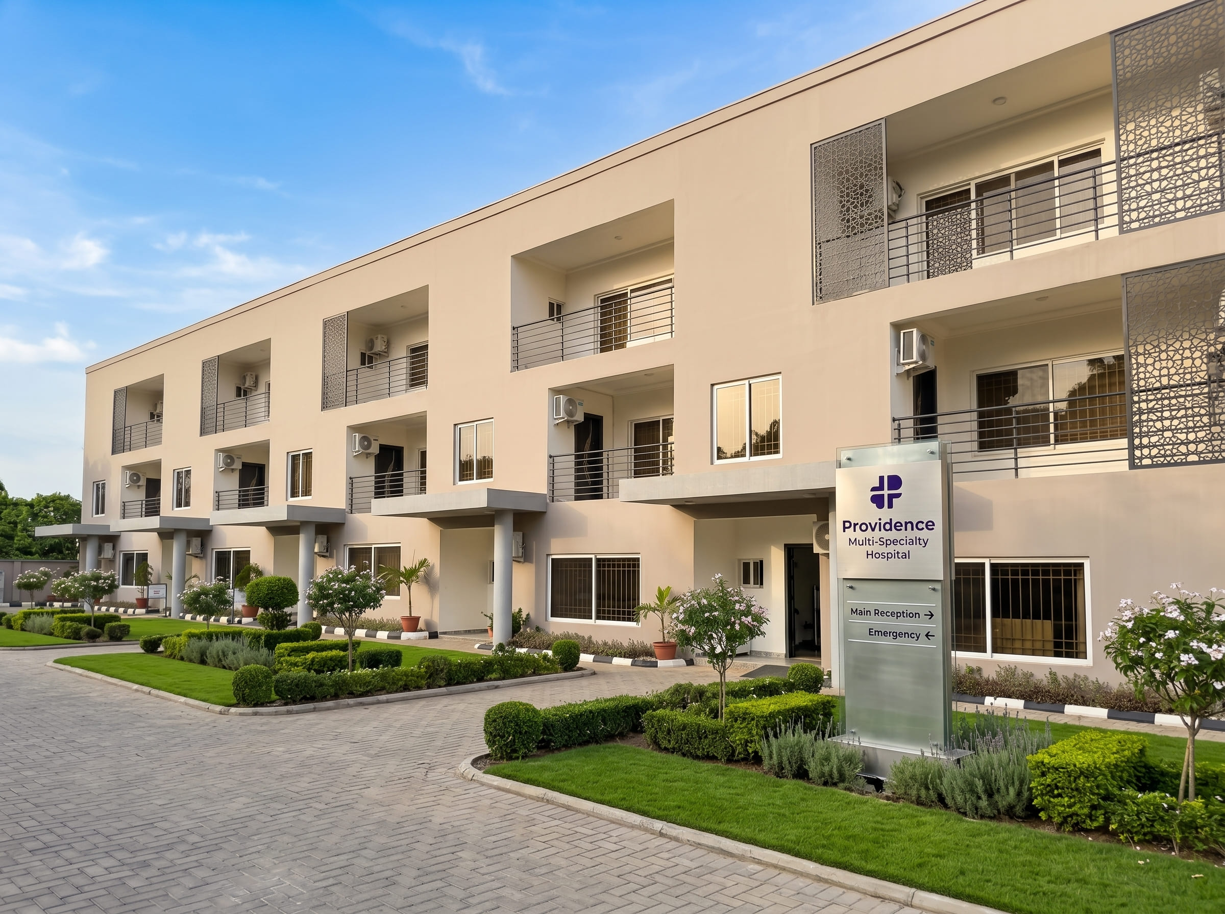 Providence Asokoro main entrance with modern glass facade